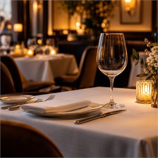 A restaurant table set for dinner